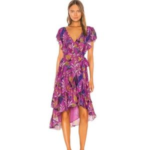 Tanya Taylor Dita Floral Silk Short Sleeve Wrap Dress Purple